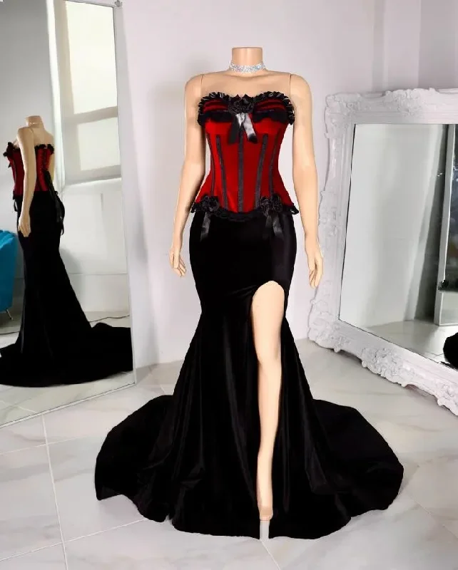 Year-End Sale off-the-shoulder dressWine Red Black Velvet Victorian Mermaid Evening Formal Dresses Sweetheart Lace-up Corset Steampunk Gothic Prom Gown high slit