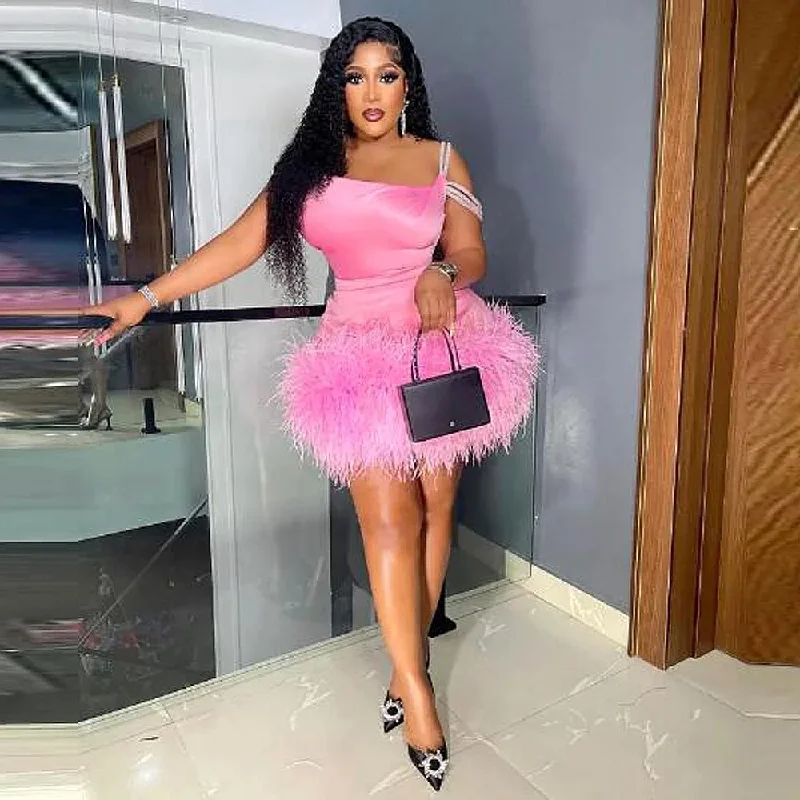 Special Savings printed dressPink Feathers Short Cocktail Dresses With Spaghetti Straps Yong Girls Party Dress Black Girls African Prom Gowns