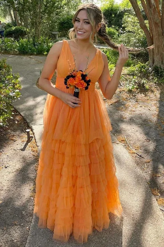 comfy maxi dressOrange V-Neck High-Waist Tiered A-Line Prom Gown