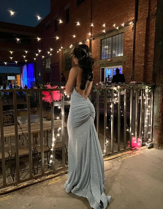 elegant maxi dressSparkly Blue Backless Evening Dress,Blue Evening Gown  Y7416