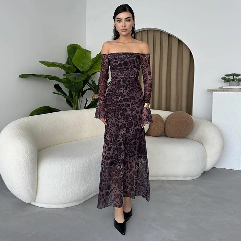 Can't Miss draped dressLeopard Print Floral-print Off-shoulder Bell Sleeve Dress Female Fashion