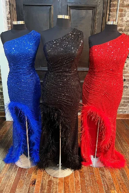 comfy dressOne-Shoulder Sequin Feather Long Prom Dress with Slit