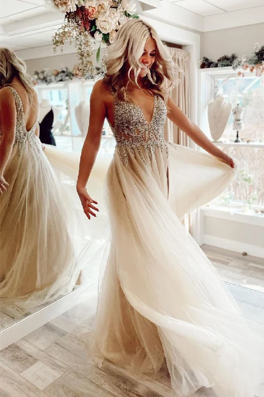 Discount Days midi dressBeaded Champagne A-line Tulle Long Formal Dress