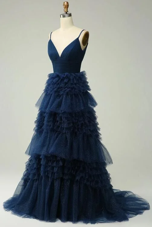 Massive Deals office dressA Line Spaghetti Straps Navy Long Prom Dress With Ruffles Y6766 Massive Deals office dressA Line Spaghetti Straps Navy Long Prom Dress With Ruffles Y6766