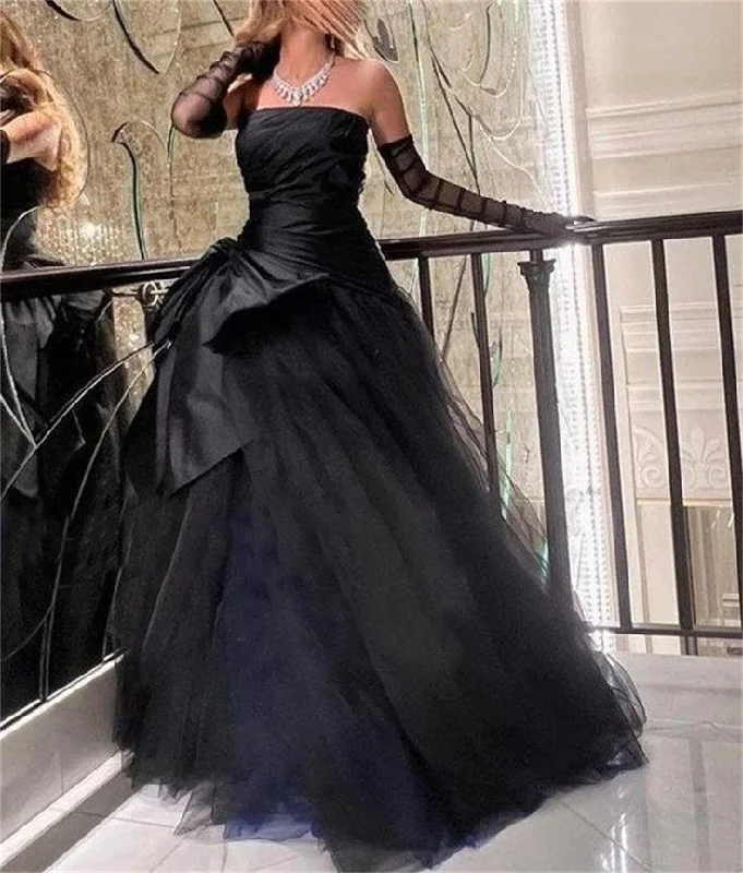 mini dressSexy Strapless Puffy Tulle Prom Dress Black Evening Dress With Gloves Y7631