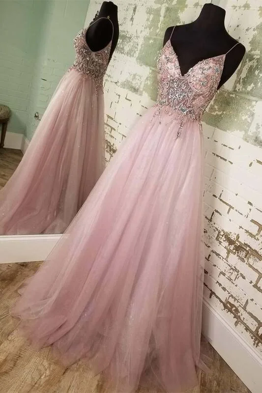 Super Sale office dressStraps A-line Blush Beaded Long Formal Dress