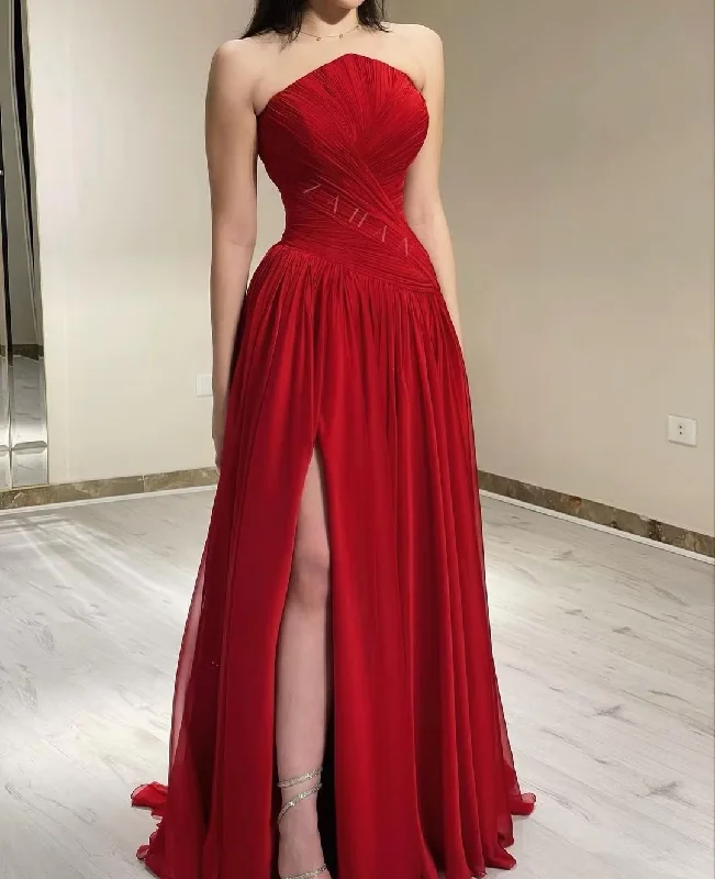 office dressRed Evening Dress Women Chiffon Long Prom Dresses Strapless Pleated Side Split Party Gowns Special Banquet Club فساتين السهرة