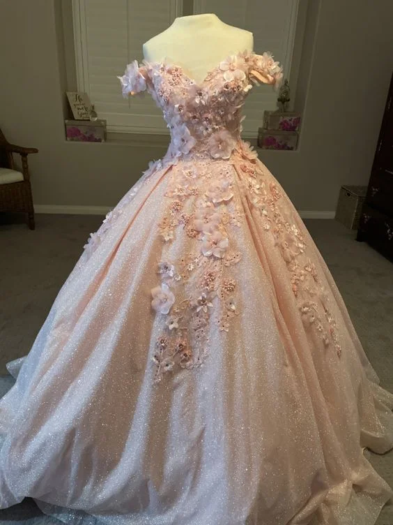 puff sleeve dressGlitter Pink Off The Shoulder Prom Dress Tulle Appliques Ball Gown Quinceanera Dress Y7569