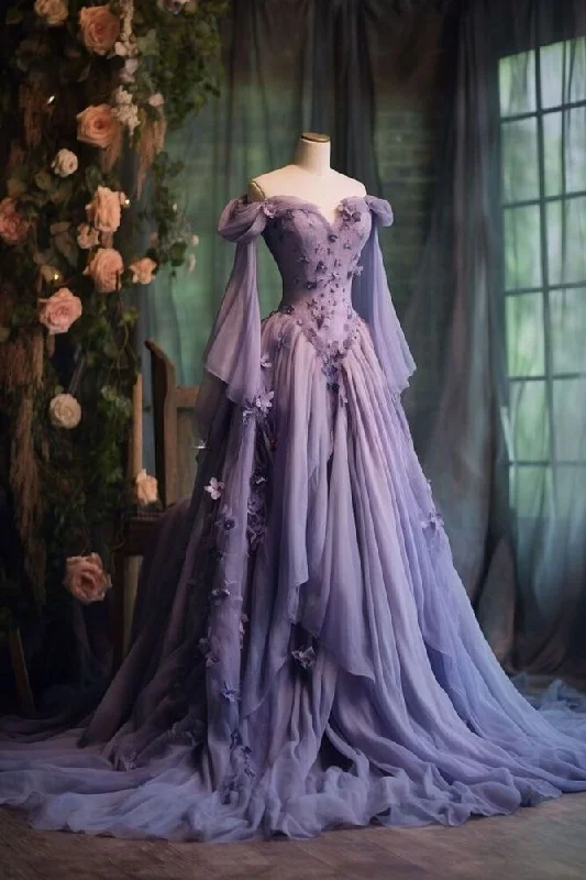 stylish party dressPurple Tulle Prom Dress One Shoulder Fairy Long Sleeve 3D Floral Appliques Evening Dress Y7605