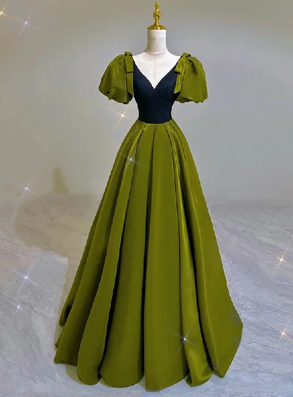 romantic dressSexy Green Satin V Neck Puff Sleeves Prom Dress Brithday Ball Gown Party Dress Y7600