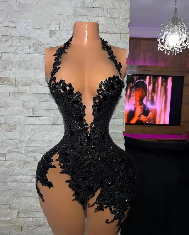 Discount Extravaganza one-shoulder dressElegant Black Lace Prom Dresses For Little Girl High Neck Beaded Short Cocktail Gowns Abiti Da Cocktail
