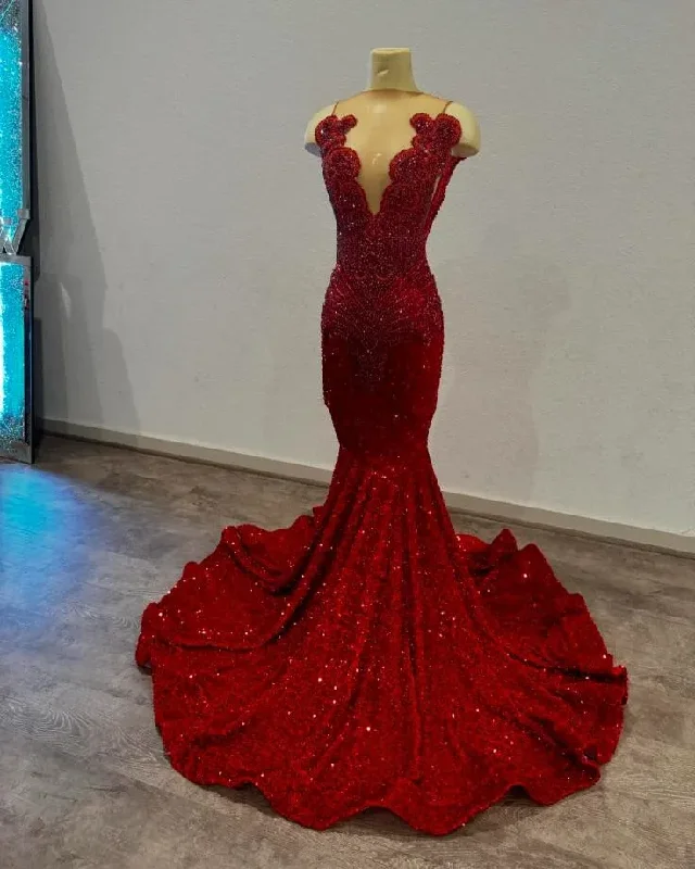 Referral Discount chic shift dressRed Sparkly Long Mermaid Prom Birthday Gala Dresses for Black Girl Luxury Diamond Velvet Evening Gown vestidos de 15 años