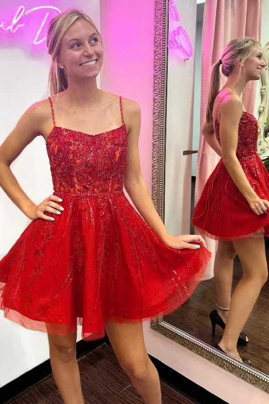 flowy dressGlitter Red Straps A-Line Homecoming Dress