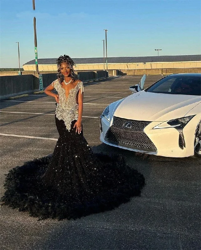 Hurry In formal dressElegant Black Sequins Long Mermaid Prom Dress For Black Girls With Feathers Sparkly Sequined Beaded Tassel Birthday Party Gowns Hurry In formal dressElegant Black Sequins Long Mermaid Prom Dress For Black Girls With Feathers Sparkly Sequined Beaded Tassel Birthday Party Gowns