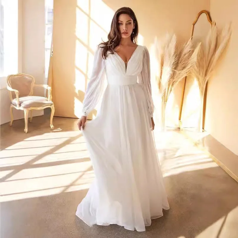 Season Finale Sale vintage dressLong Sleeve Chiffon Sexy Temperament Deep V Dress