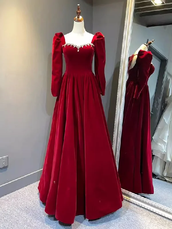 vintage-inspired dressBeautiful A Line Red Velvet Prom Dress Sweatheart Party Dress Brithday Ball Gown Y7588