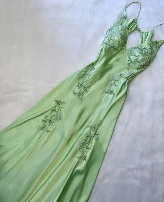 comfy maxi dressFashion Mint Green Spaghetti Straps Lace Beaded Prom Dress Evening Party Gown Y7530