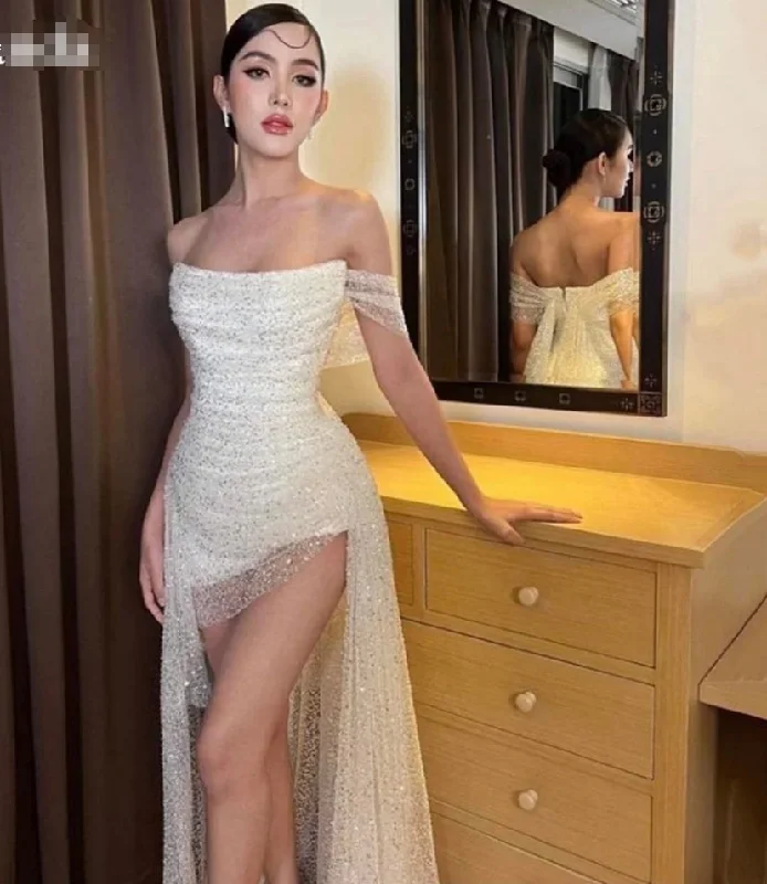Limited Time t-shirt dressGlitter Mermaid Prom Dress Off Shoulder Fishtail Evening Dress Shiny Beading Party Dress Trumpet Mini فساتين مناسبة رسمية