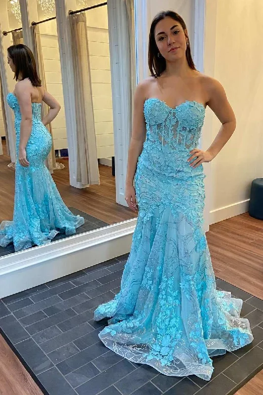 printed dressBlue Floral Appliques Strapless Mermaid Long Prom Dress