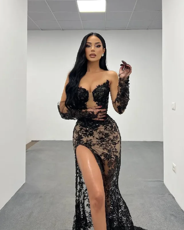 Markdowns casual dressClassic Black Lace Evening Dresses with Detachable Sleeves Sexy Slit Appliques Mermaid Formal Gown Prom Party Dress Custom Markdowns casual dressClassic Black Lace Evening Dresses with Detachable Sleeves Sexy Slit Appliques Mermaid Formal Gown Prom Party Dress Custom
