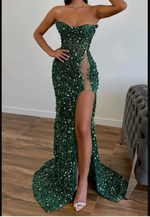 backless dressGreen Evening Dresses Long Luxury Glitter Sleeveless Mermaid Evening Gowns Sexy Side Slit Prom Dress Y1899