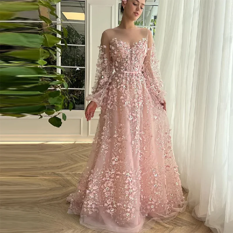 Discount Mania silk dressExquisite Sequined Crystal Beading 3D Flowers Prom Dresses Long Sleeves Pleat Ruched A-Line Evening Gowns Formal Gown