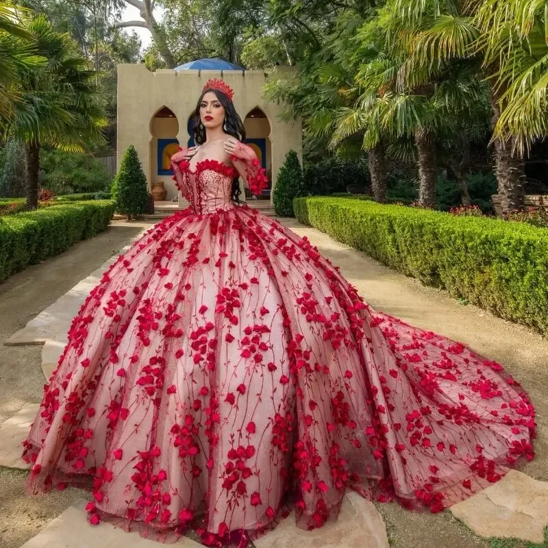 Lowest Price fitted dressRed Shiny Ball Gown Quinceanera Dress Tulle Appliques Flowers Lace Off Shoulder Sweet 16 Birthday Party Formal vestidos de 15