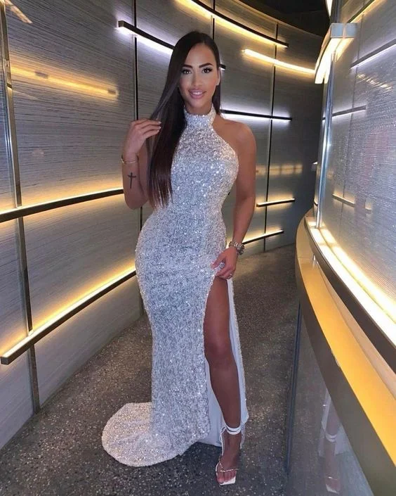 relaxed fit dressGlamorous Mermaid Halter White Sequin Long Prom Evening Dress with Split S24242