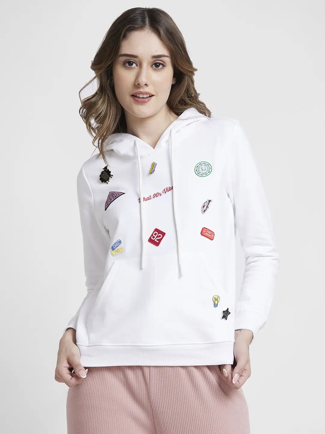 Savings Event long-sleeve athletic hoodieSpykar Women White Blended Regular Fit Hooded Plain Sweatshirt