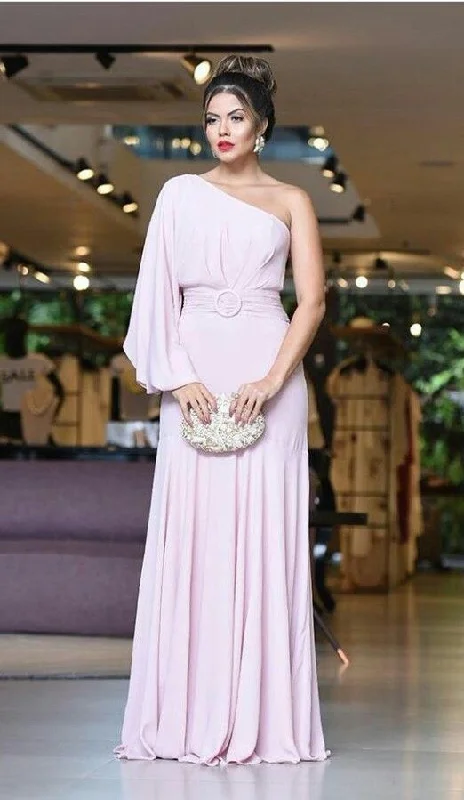 New Deals off-the-shoulder dressElegant Pink One Sleeve Long Prom Dress,Pink Wedding Guest Outfit  Y7054