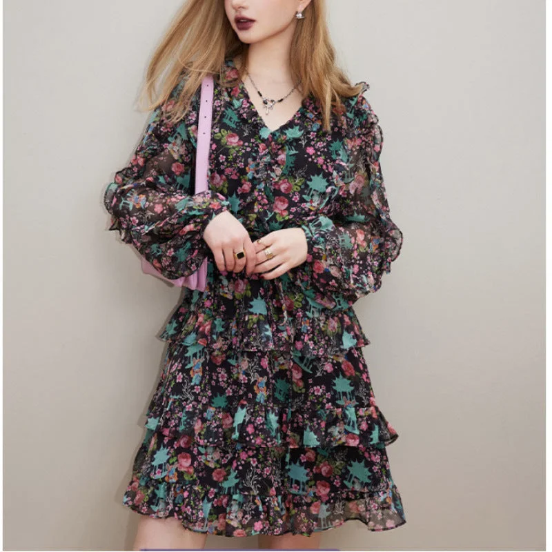 Stock Clearance A-line dressV-neck Long Sleeve Floral Dress Women's Slimming Small Stock Clearance A-line dressV-neck Long Sleeve Floral Dress Women's Slimming Small