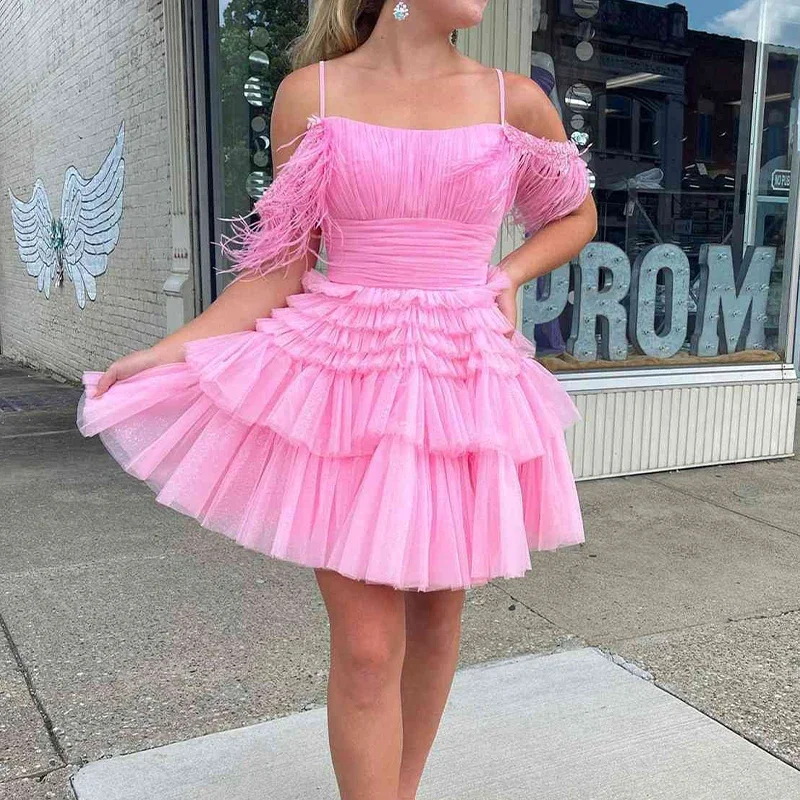 boho-chic dressFeathers Homecoming Dresses for Girls Spaghetti Zipper Closure Short A Line Tiered Pleats Prom Party Gowns Graduation Dress