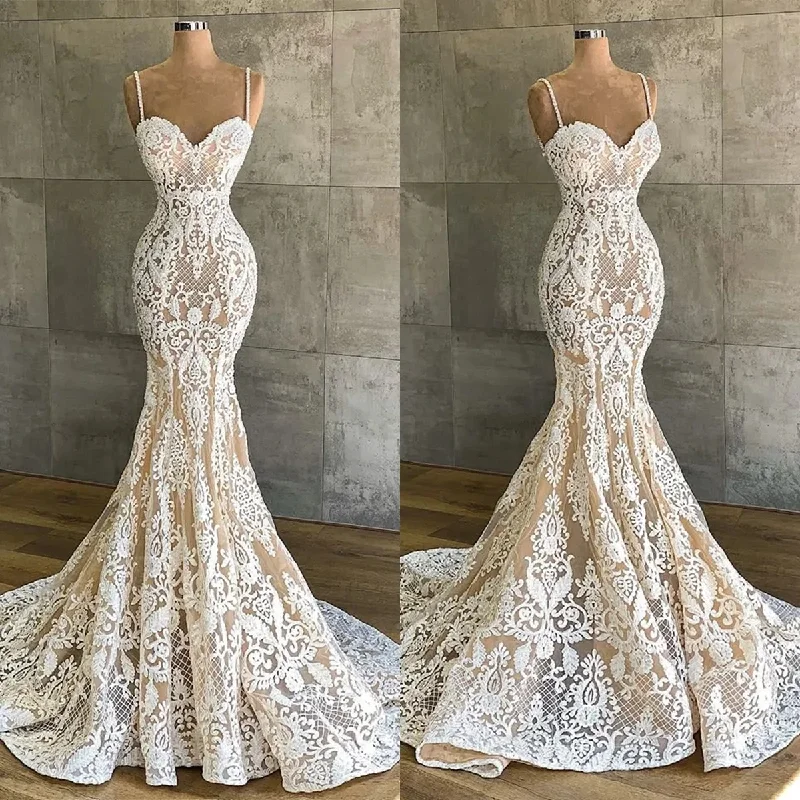 Act Fast satin dressElegant Lace Mermaid Wedding Dresses Spaghetti Straps Sleeveless Bridal Gown Simple Floor Length Formal Trumpet Dress