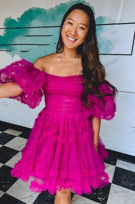 layered dressFuchsia Off-the-Shoulder Puff Sleeves Tulle Ruffle-Layers Homecoming Dress