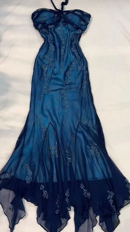 satin dressVintage Halter Beaed Navy Blue Chiffon Mermaid Prom Dress Long Party Evening Dress Y7504