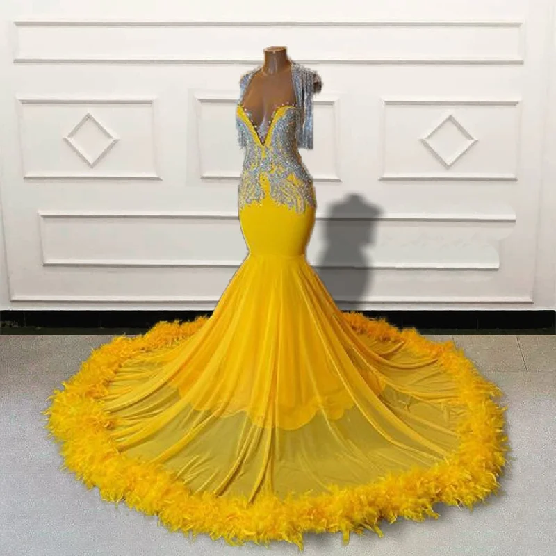 chic wrap dressBlack Girls Beaded Feathers Mermaid Long Prom Dresses for Graduation Party Luxury Yellow Women Custom Formal Evening Gown