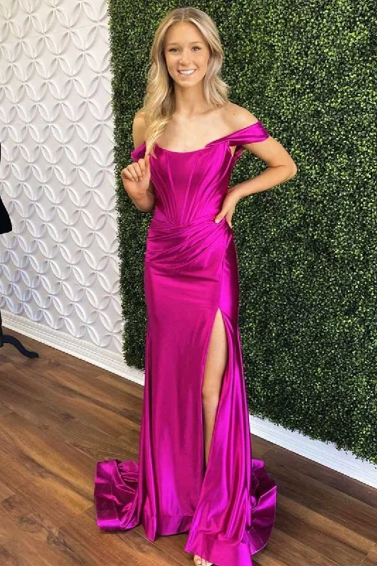 satin midi dressMagenta Satin Off-the-Shoulder Mermaid Long Formal Dress with Slit