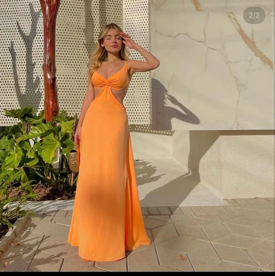 Special Price elegant shift dressSimple V Neck Orange Long Prom Dress,Orange Evening Dress Y6255
