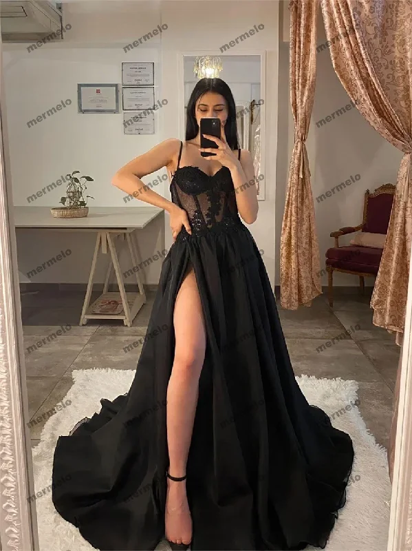 shift dressTulle Evening Dress Sexy Black V-Neck StrapLlace Applique Party Dress A-line High Side Slit Formal Occasion Prom Gown