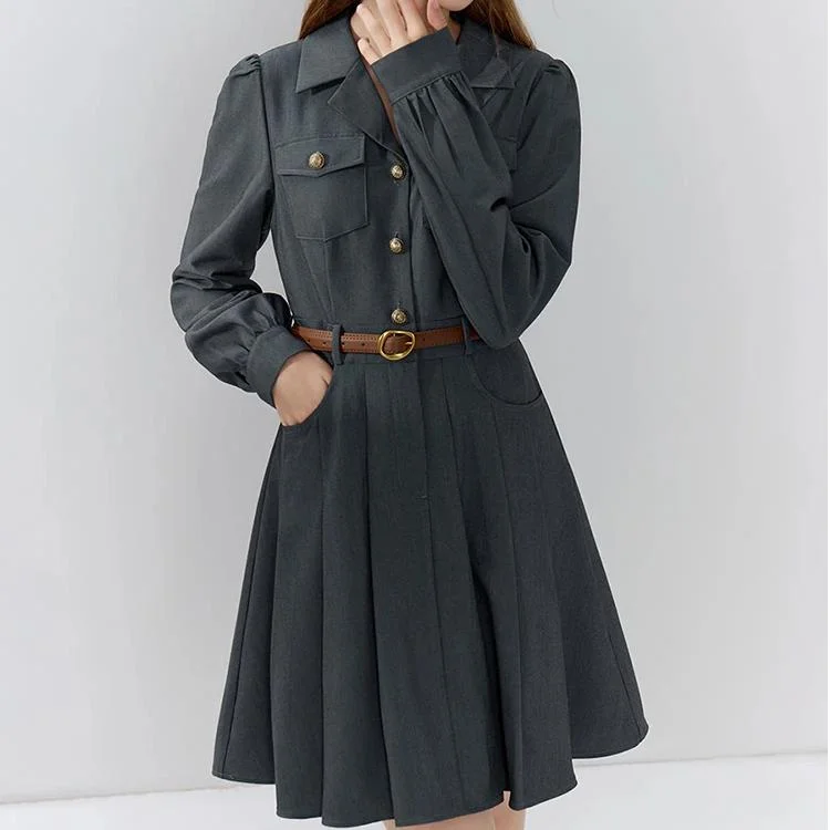 v-neck dressElegant Grey Office Lady Belted Suit Dress