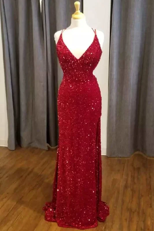 lace dressRed Sequin V-Neck Mermaid Long Formal Dress