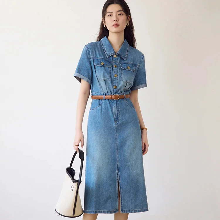 relaxed fit dressDenim Blue Polo Neck Short Sleeve Shirt Dress