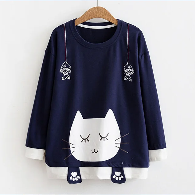 Special Promotion Cute cat is fishing print long sleeve hoodie sweater YV5064