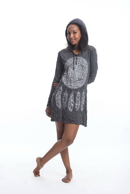 Fantastic Offers Womens Dreamcatcher Hoodie Dress in Silver on Black