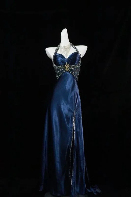 lace-up dressLuxury Navy Blue Beaded Slit Evening Dress Formal Prom Dress Y7723