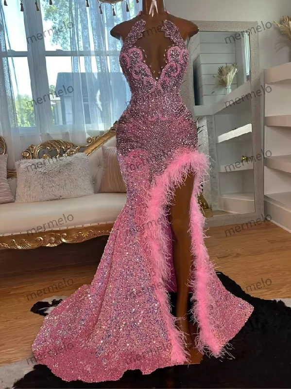 off-shoulder dressPink Diamonds Sequin Prom Dress Feathers Mermaid Crystal Rhinestone Birthday Party