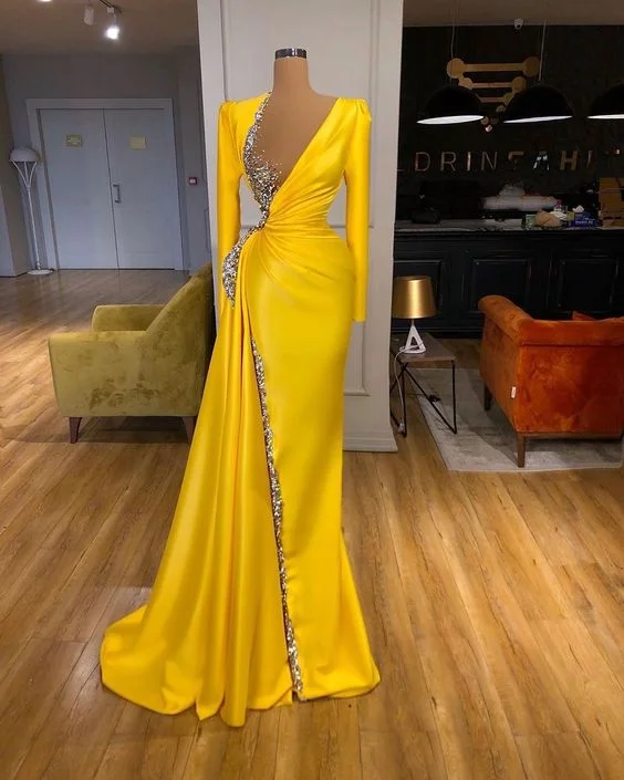 bodycon dressyellow evening dress, long sleeve evening dress, formal wear, beaded evening dress S23450