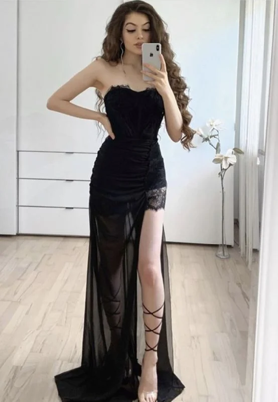 flowy evening dressBlack lace long prom dress black evening dress S15437