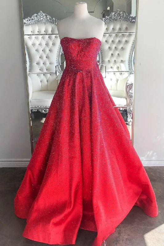 casual dressStrapless Red A-line Stunning Long Prom Gown