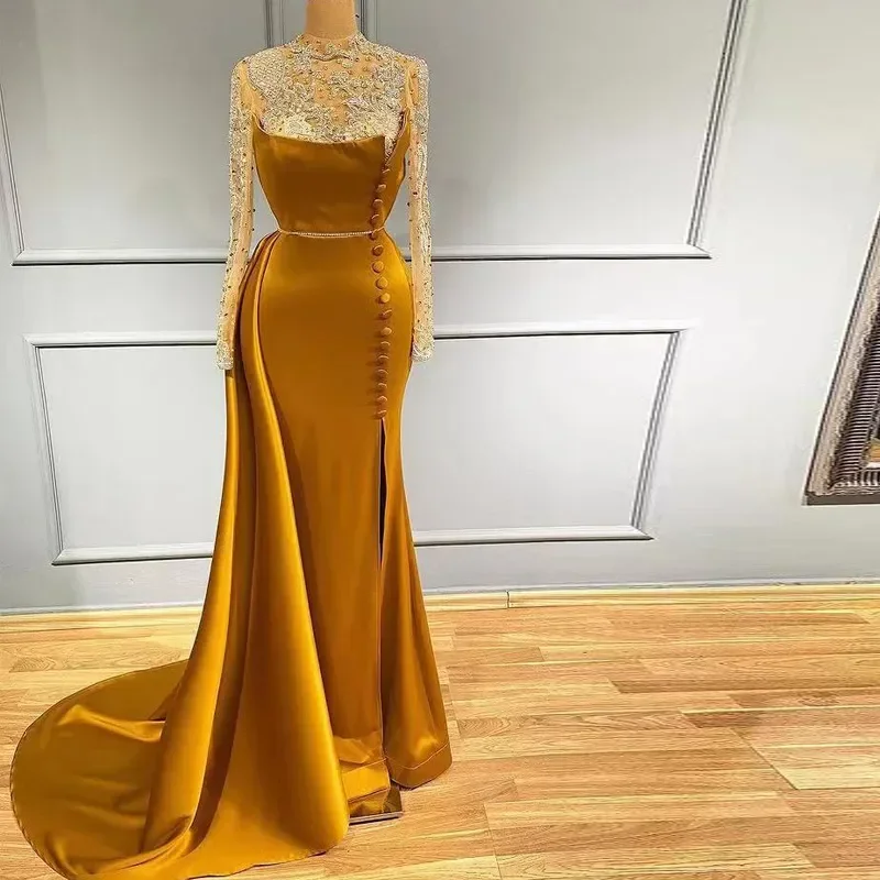 Exclusive Online Offer trendy mini dressElegant Gold Satin Side Split Mermaid High Neck Evening Dresses Beaded Long Sleeves Sweep Train Special Occasion Dresses